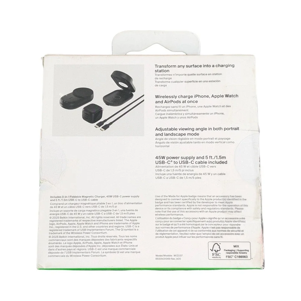 P5U Belkin 3-in-1 Foldable Magnetic Charging Stand 25W Qi2 MagSafe iPhone Black